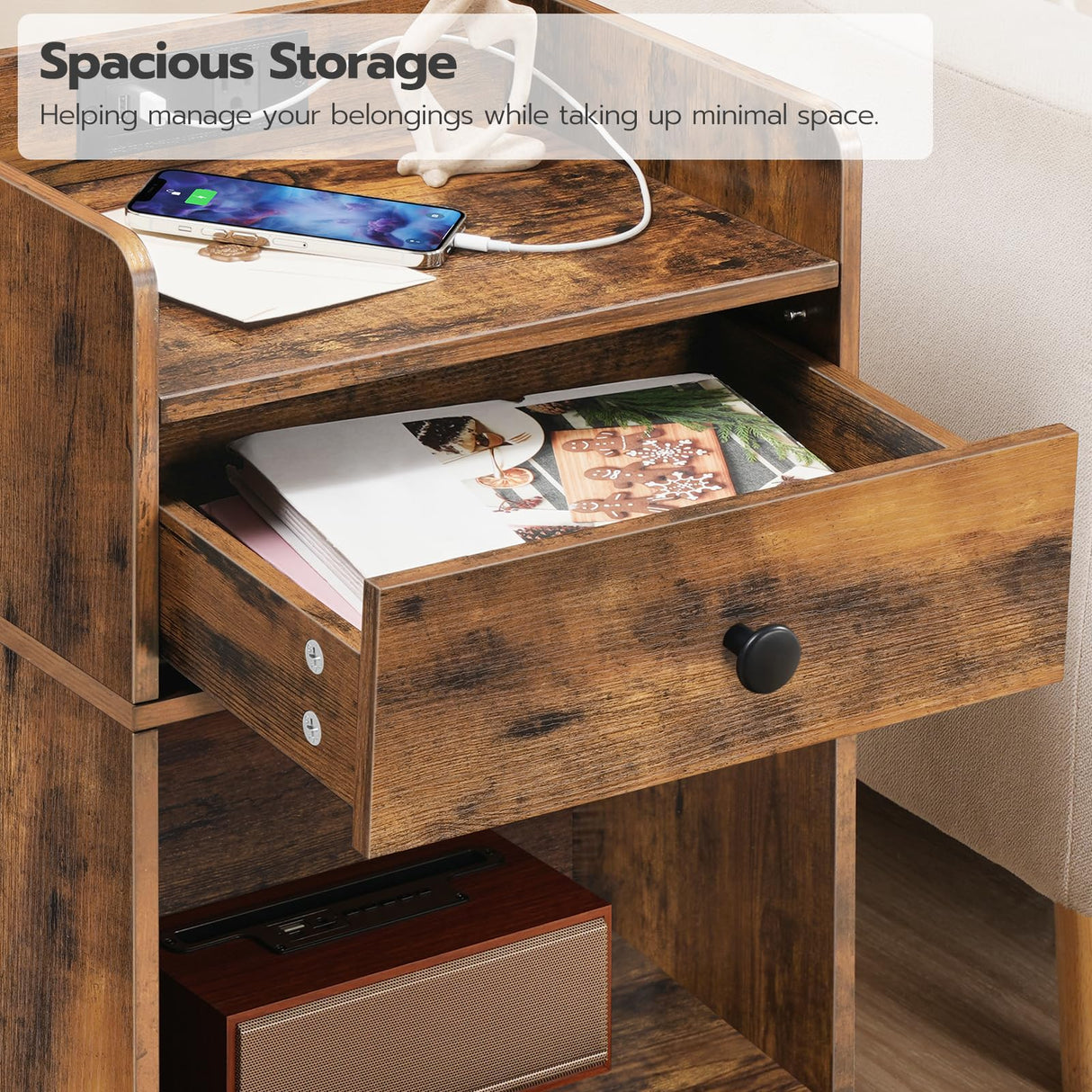 HOOBRO Nightstand with Charging Station, End Table with Drawer and Opening Shelf, Bedside Table with USB Ports and Outlets, Small Night Stand for Bedroom, Simple Style, Rustic Brown FG18UBZ01 HOOBRO