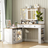 LVSOMT Vanity Desk with Mirror and Lights, Large Farmhouse Makeup Desk with 5 Drawers and Jewelry Storage, 60" Glass Top Dressing Table with Power Outlet & Adjustable Cabinet for Bedroom, White/Brown LVSOMT