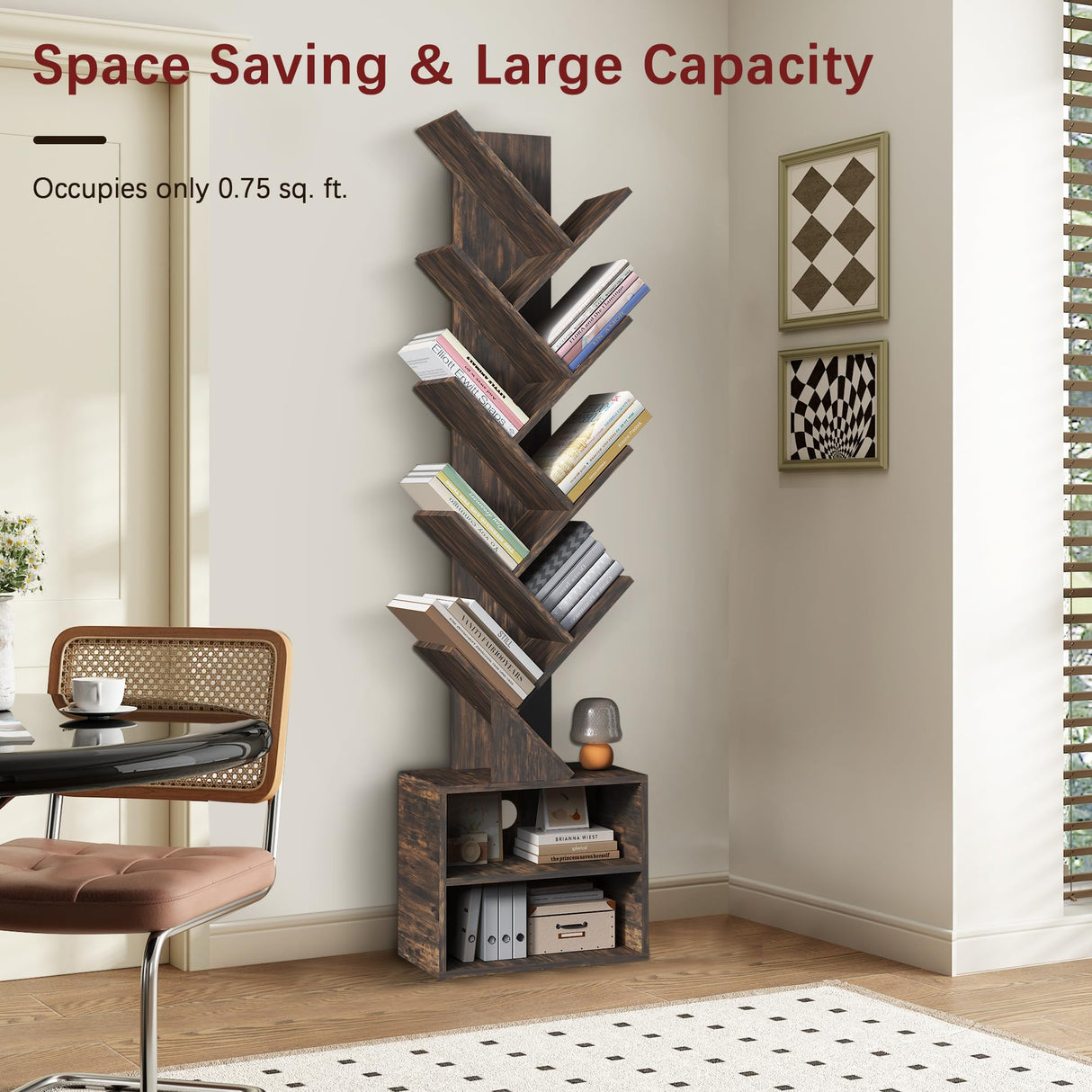 Azaeahom 8 Tier Tree Bookshelf, Wood Bookcase with Storage Cabinet, Modern Tall Narrow Bookshelves Organizer, Floor Standing Book Shelf for Bedroom/Living Room/Home Office/Corner (Brown, 8 Tier) Azaeahom