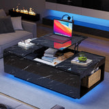 Lift Top Coffee Table, High Glossy Coffee Table with Wireless Charging and Speaker, Modern Coffee Table with 24 Colors LED Lights,Center Table with Drawer and Hidden Compartment for Living Room Black PPorfamilia