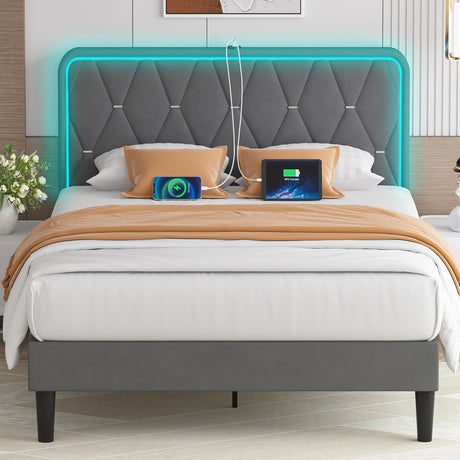 VECELO Upholstered Queen Bed Frame with Headboard Adjustable, Velvet Platform Bed with LED Lights, Charging Station, Mattress Foundation with Wooden Slats, Noise Free, No Box Spring Needed, Grey VECELO