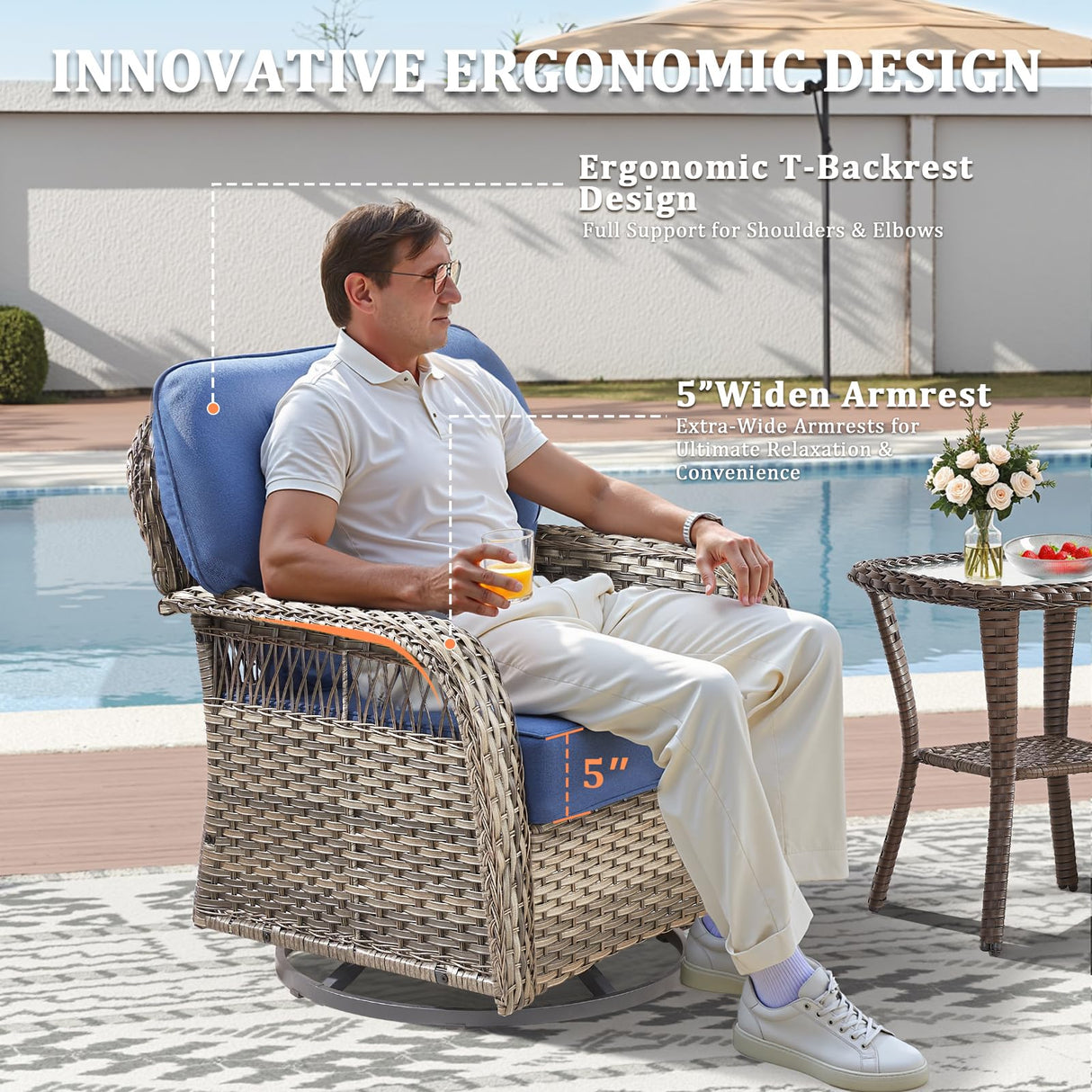 10 Pieces Patio Furniture Set Outdoor Sectional Sofa Couch with Rocking Swivel Chairs 5" Deep Seat Chairs, Modern Wicker Rattan Conversation Set, Blue/Gray Wicker Pugire