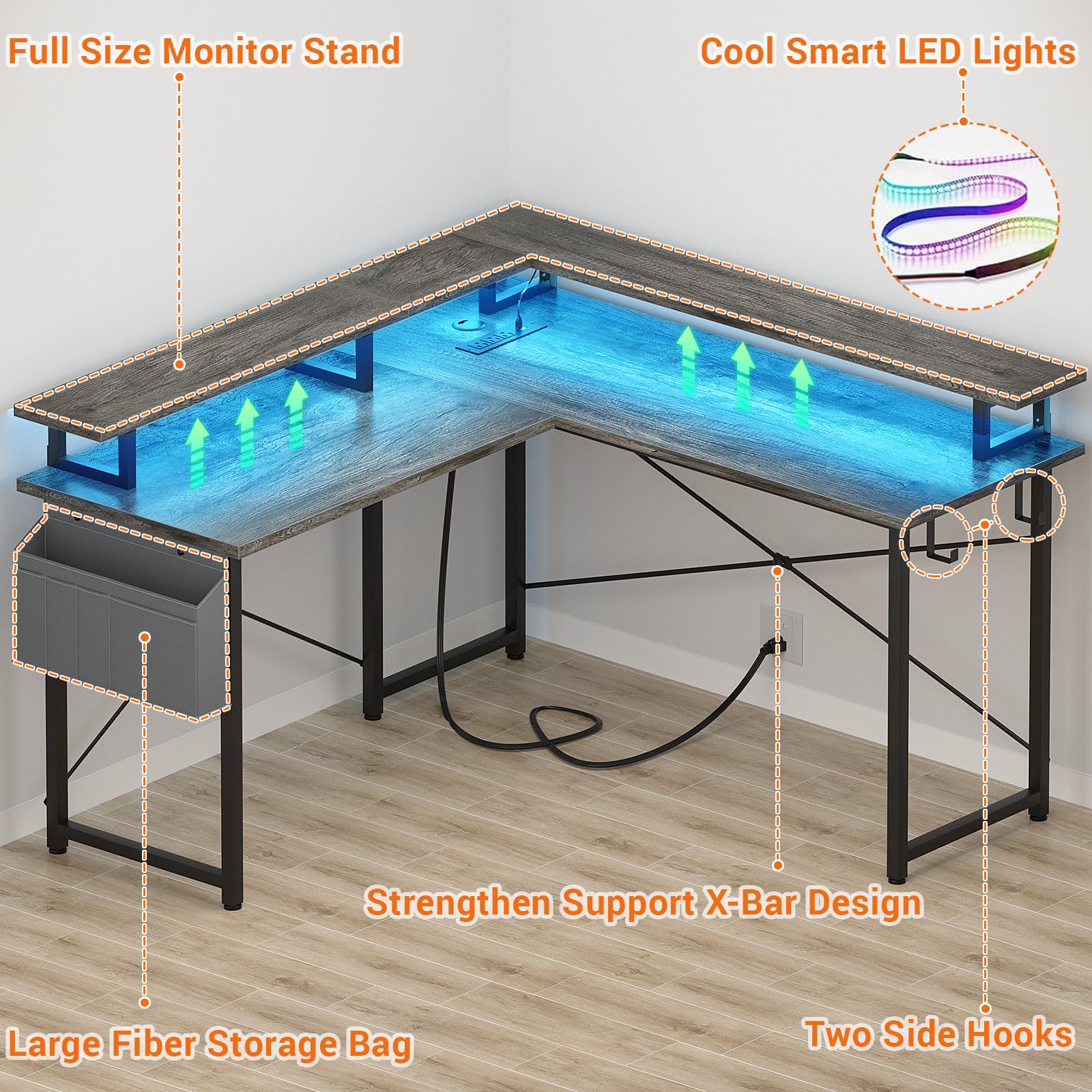 armocity L Shaped Computer Desk with Power Outlets, Gaming Desk L Shaped with LED Lights, Corner Desk with Storage Shelves, Work Study Desk for Bedroom, Home Office Small Spaces, 47'', Grey O - WoodArtSupply