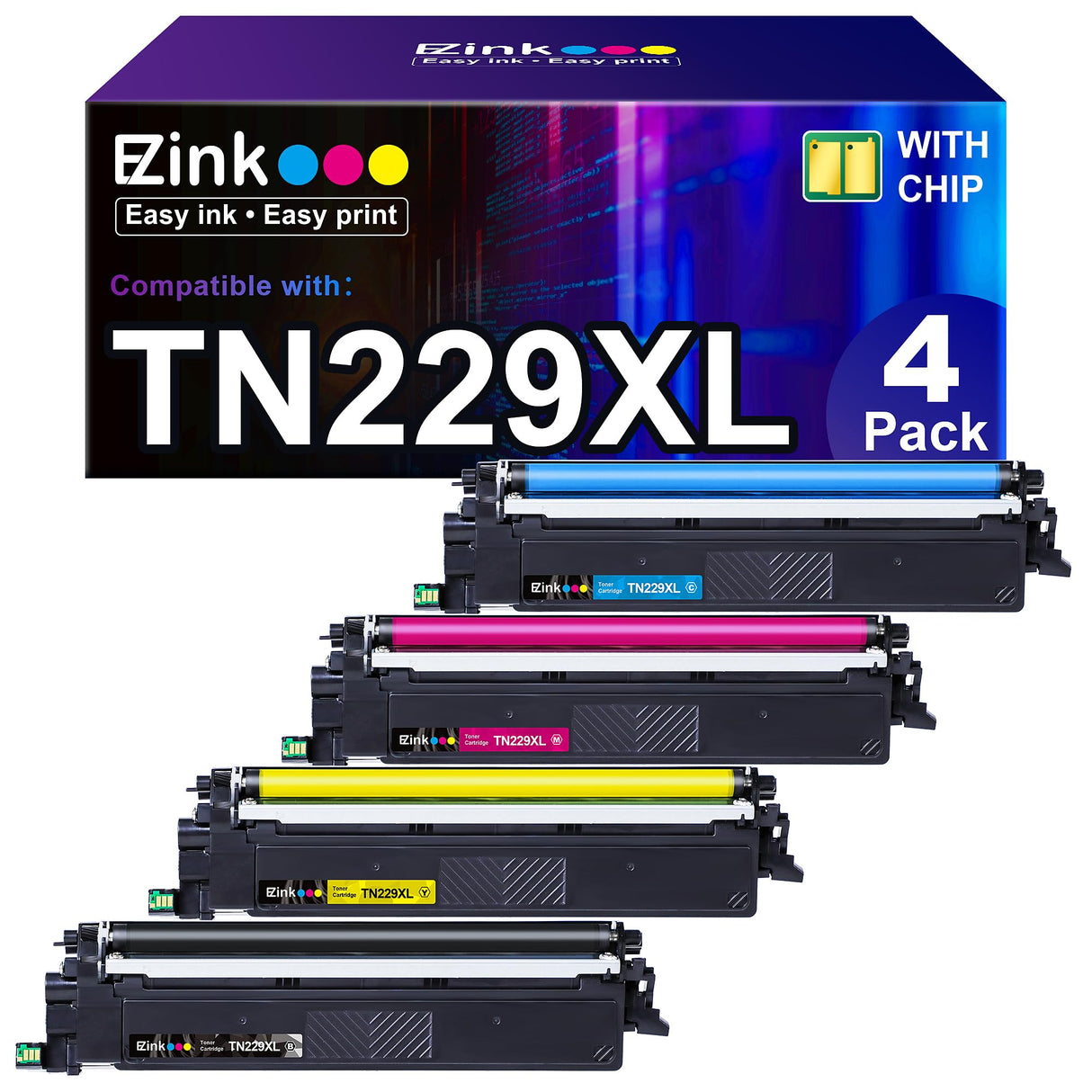E-Z Ink Compatible TN229XL Toner Cartridges Replacement for Brother TN229XL TN-229XL TN229 XL to use with MFC-L3720CDW MFC-L3780CDW HL-L3220CDW HL-L3280CDW HL-L3300CDW Printer (TN229XLBK/C/M/Y-4 Pack) E-Z Ink