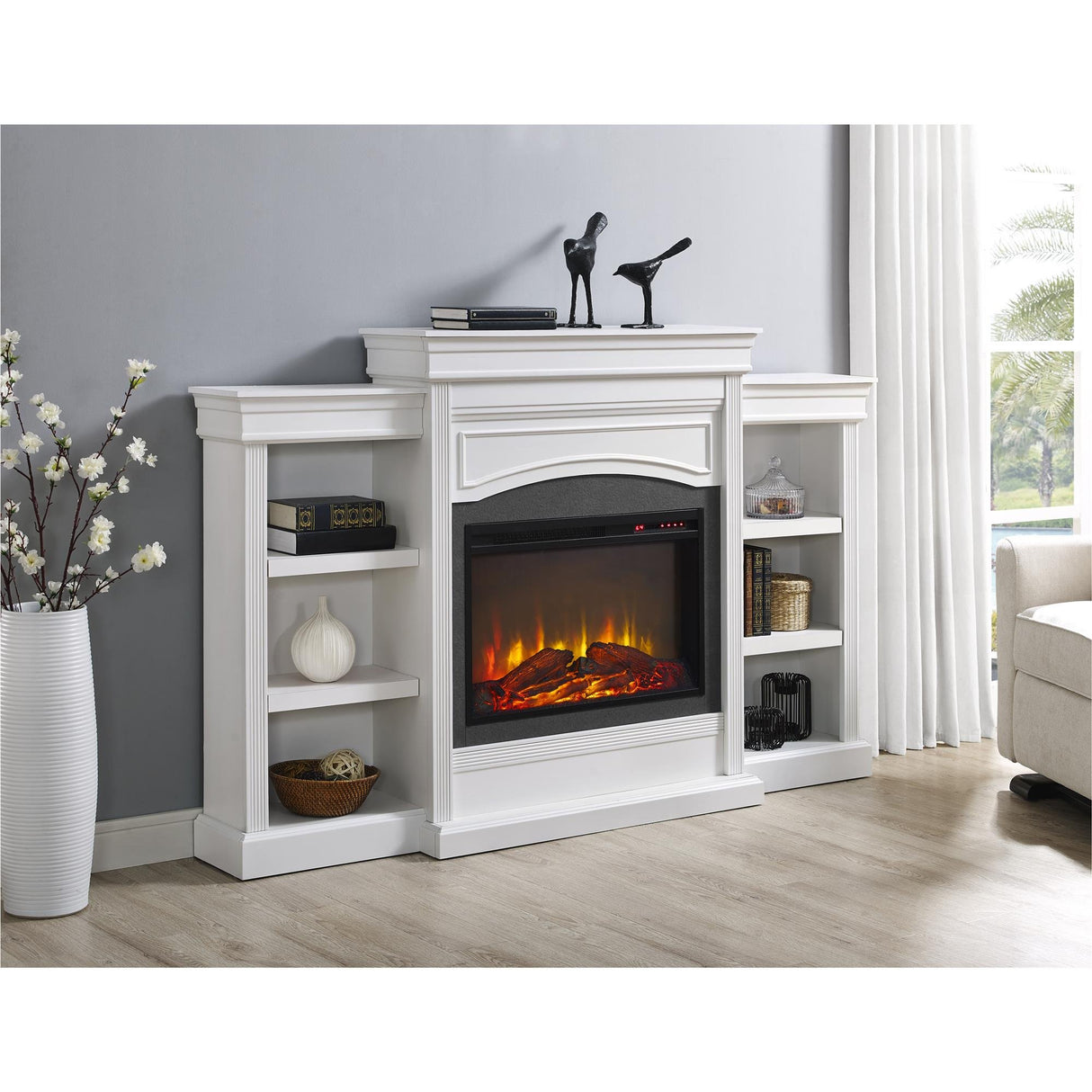 Ameriwood Home Lamont 69 Inch Electric Fireplace with Mantel, Shelves, Replaceable Fireplace Insert Heater, Remote Control, Timer, Realistic Log and Flame Effect, For Living Room or Bedroom, White Ameriwood Home