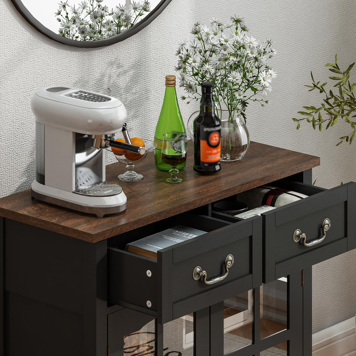 ChooChoo Farmhouse Sideboard Buffet Cabinet with Storage, Coffee Bar Cabinet with Glass Doors, Entryway Cabinet for Kitchen, Living Room, Black ChooChoo