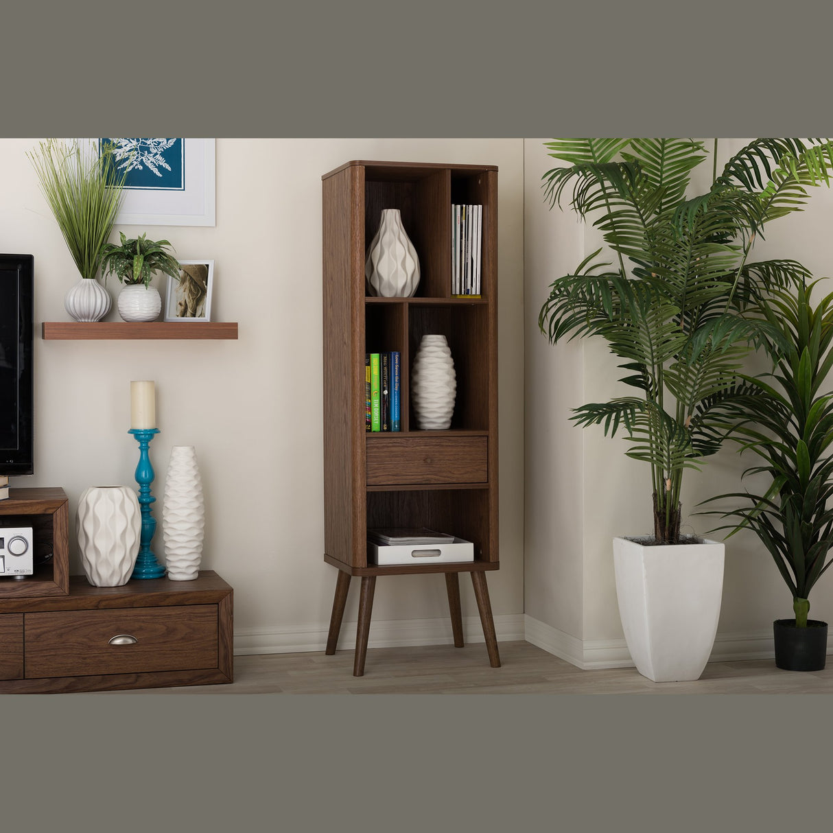 Baxton Studio FP-6785-Walnut Bookcase, 15.21LX18.41WX60.26H, Walnut Brown Baxton Studio