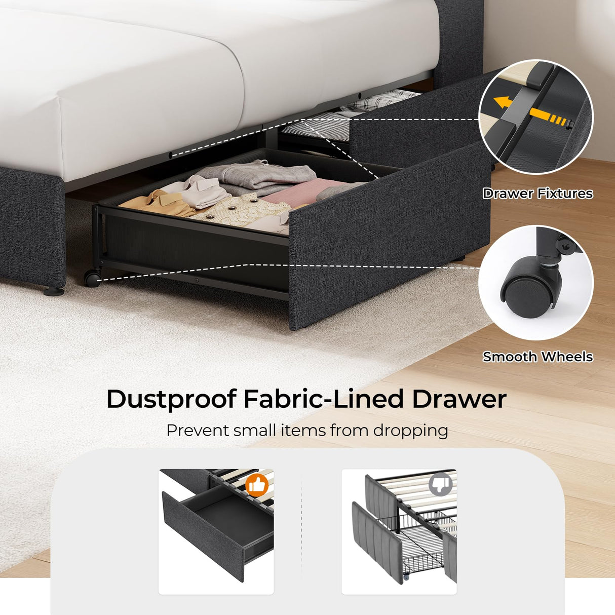 koorlian Queen Size Upholstered Bed Frame with 4 Storage Drawers and 51'' Tall Headboard Wingback Platform Bed Frames with RGB LED & USB Charging, 3 Adjustable Height, Noise-Free/Metal Support, Grey koorlian