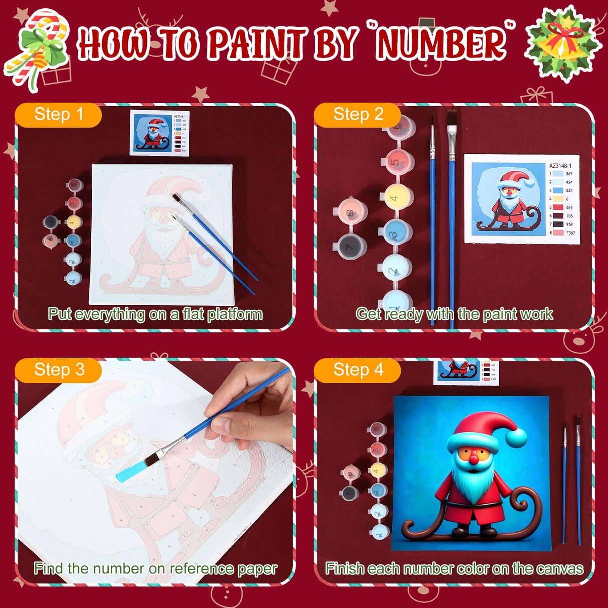 Nezyo 12 Sets Christmas Paint by Numbers Kit with Frame for Adult Beginners, Paint by Number DIY Acrylic Painting Canvas for Painting Party, Classroom Activity Birthday Gift, 8 x 8 Inch Nezyo