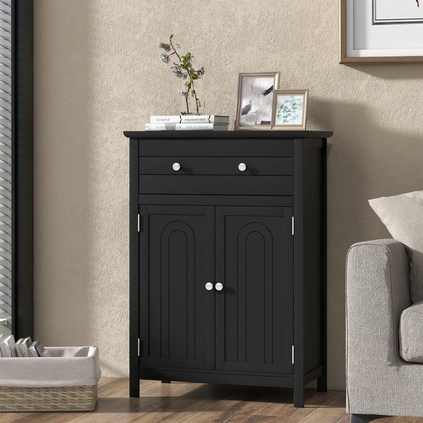 Tangkula Freestanding Black Bathroom Floor Cabinet with Adjustable Shelves and Large Drawer - WoodArtSupply