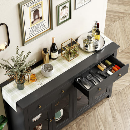 FOTOSOK Black Sideboard Buffet Cabinet with Storage, 55" Large Sideboard Cabinet with 2 Drawers and 4 Doors, Modern Kitchen Cabinet with Glass Doors, Coffee Bar Cabinet Buffet Table for Dining Room
