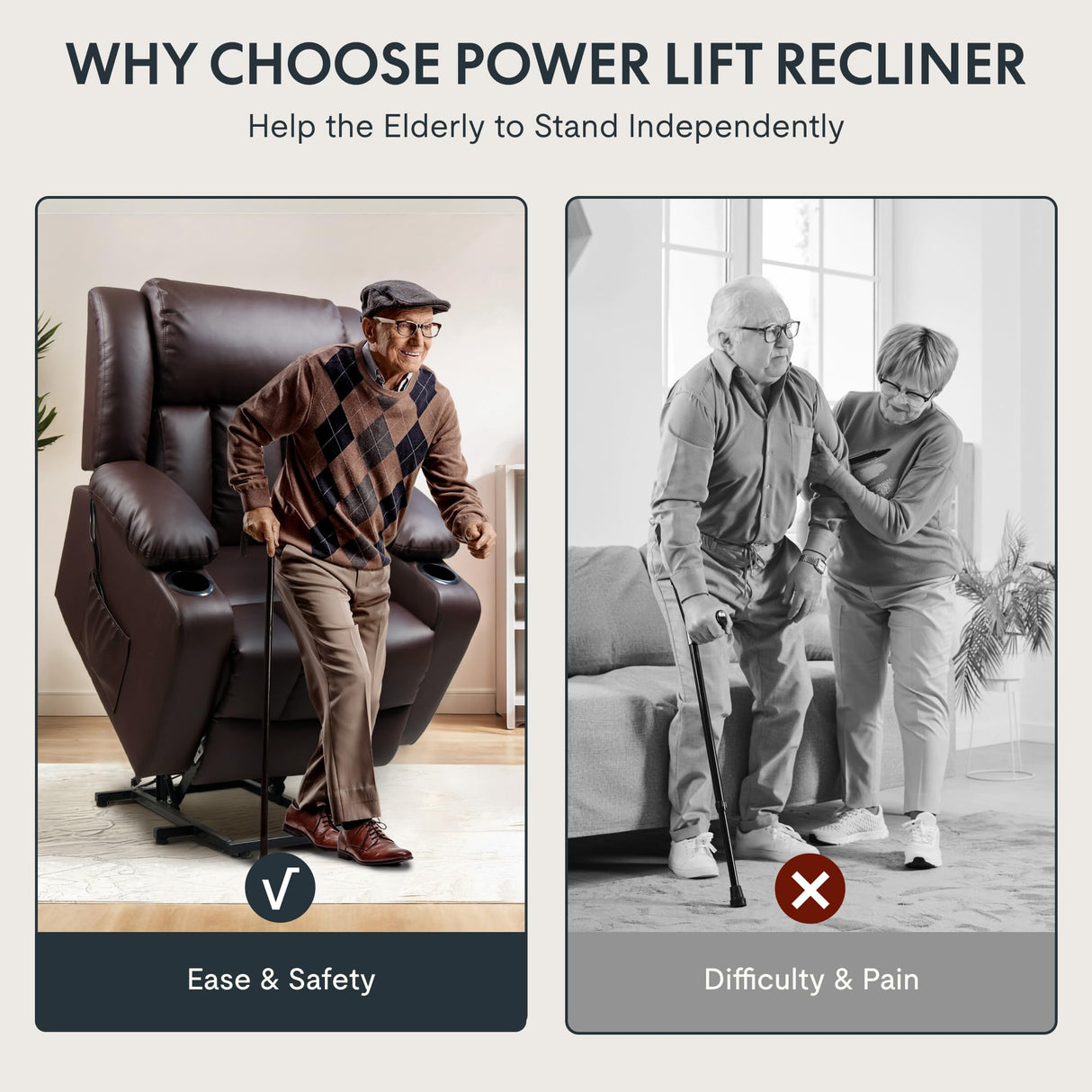 FLEXISPOT XL31 Power Lift Recliner Chair for Elderly, Electric Leather Lift Recliner Chair w/Massage & Heat, Cup Holders, Lift Reclining Chair Sofa for Living Room Bedroom (Brown) FLEXISPOT