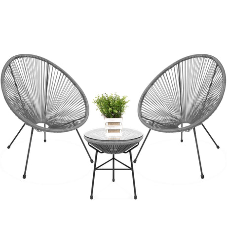 Best Choice Products 3-Piece Outdoor Acapulco All-Weather Patio Conversation Bistro Set w/Plastic Rope, Glass Top Table and 2 Chairs - Gray Best Choice Products