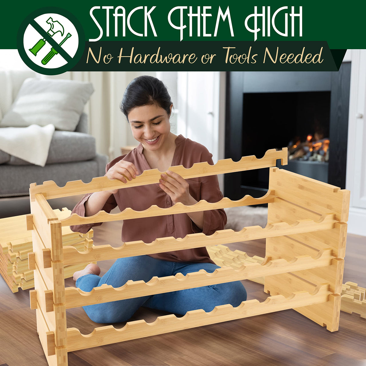 SereneLife Bamboo Stackable Wine Rack, 8-Tier 72 Bottle Capacity Wine Racks Free Standing Floor, No Tools Assembly, Modular Storage Display Shelf for SereneLife