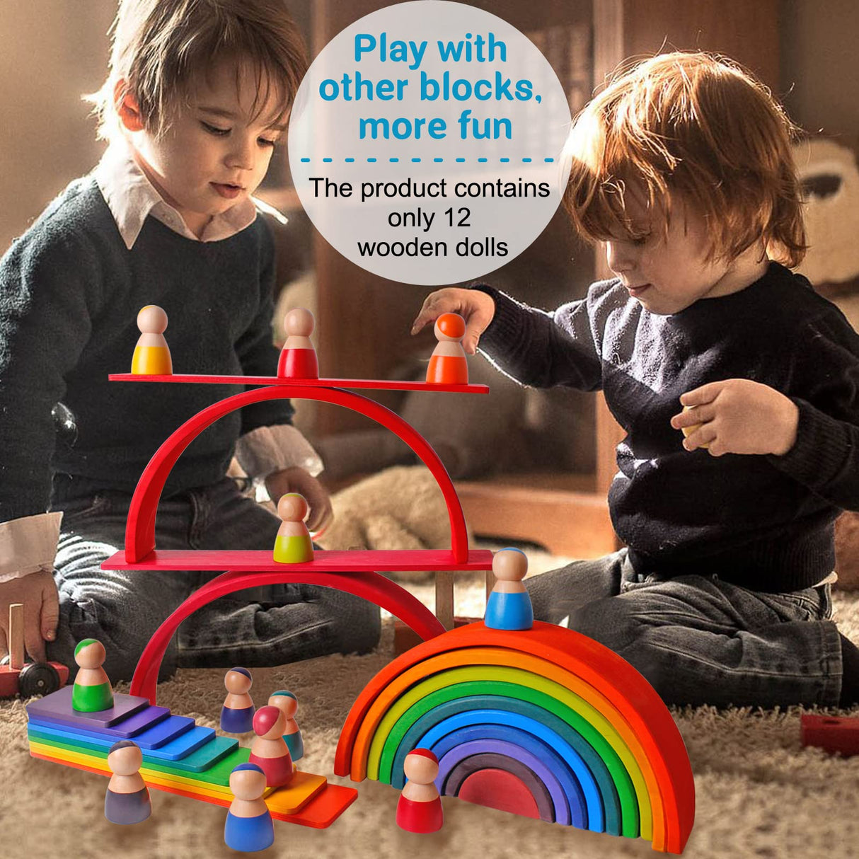 SHIERDU 12 PCS Rainbow Wood Peg Dolls Wooden Pretend Play People Figures for Toddlers Preschool Learning Educational Toys Wooden Toddler Toys for Boys Girls SHIERDU