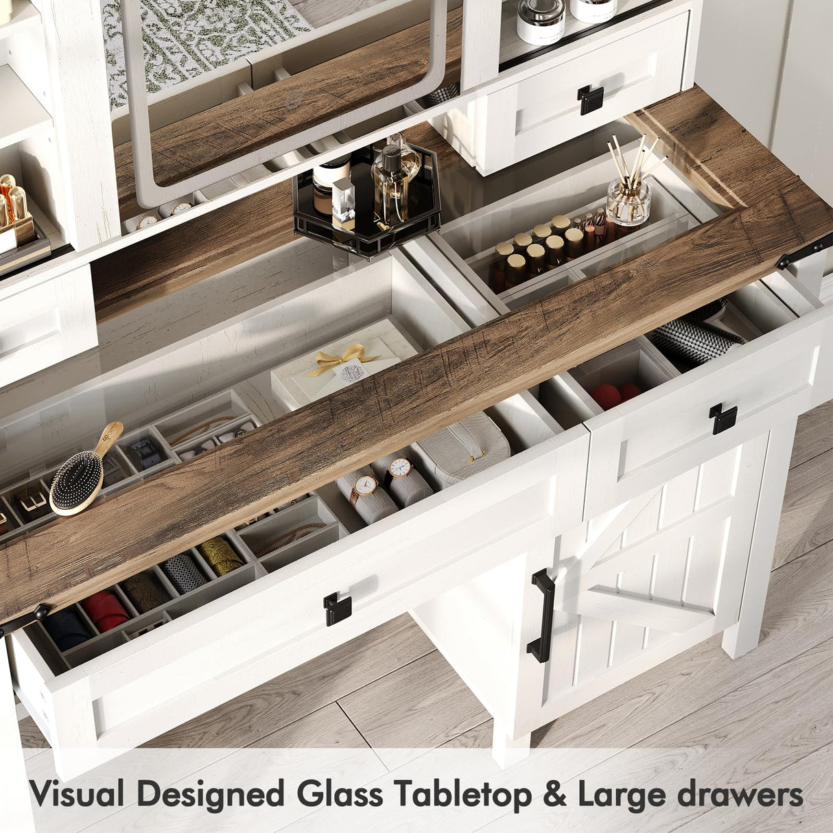 Albott Farmhouse Makeup Vanity Desk with Sliding Mirror and Lights, Makeup Vanity Table with 4 Storage Drawers and Adjustable Shelves, Dressing Table with Glass Top, Big Vanity Set for Bedroom, White Albott