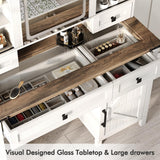 Albott Farmhouse Makeup Vanity Desk with Sliding Mirror and Lights, Makeup Vanity Table with 4 Storage Drawers and Adjustable Shelves, Dressing Table with Glass Top, Big Vanity Set for Bedroom, White Albott