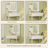 HUAHUU Small Vanity Desk with Mirror and Lights, Makeup Vanity with Fabric Storage Drawer, Chair and Three Shelves, White Vanity with Power Outlet and Fold-up Panel, Bedroom HUAHUU