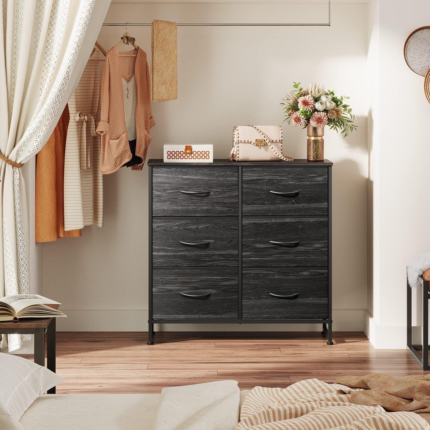 WLIVE Fabric Dresser for Bedroom, 6 Drawer Double Dresser, Storage Tower with Fabric Bins, Chest of Drawers for Closet, Living Room, Hallway, Charcoal Black Wood Grain Print