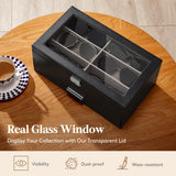 Lifewit 2- layer Sunglasses Organizer with Glass Lid, 6 Slots eyeswear Holder, 6 Slots Watch box, Spaces for Rings, Brooch, Tie Clip, Multiple Eyeglasses Display Case for Men, Gift Idea, Inky Black Lifewit