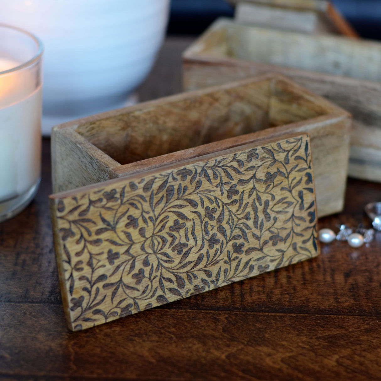 WHW Whole House Worlds Decorative Wood Boxes, Set of 2, CarvedLeaf and Vine Details, Removable Lids, Durable Brown Mango, 6 Inches WHW Whole House Worlds