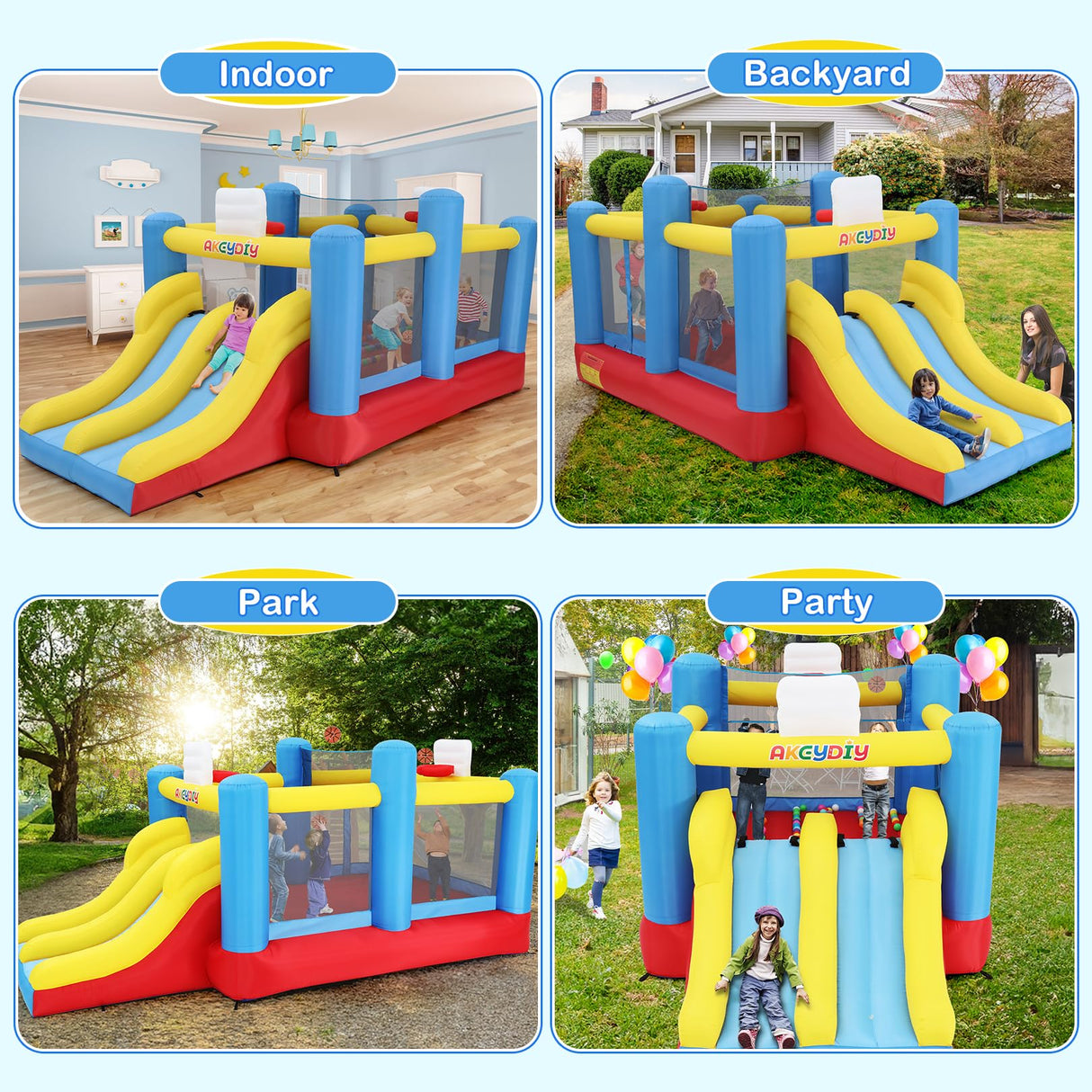 Big Bounce House for Kids 8-12 Girls/Boys Gifts, 15ft Ball Game Inflatables Bouncy House with Double Slide 3-12 Bouncy Castle with Blower, Jump House with Slide, Double Basketball Hoop AKEYDIY