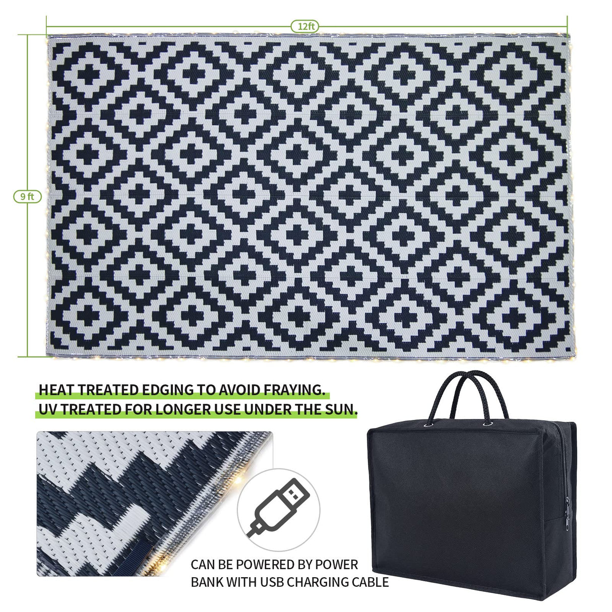 URBEST Outdoor Camping Mats Rugs Reversible Waterproof RV Deck Porch Plastic Rugs Led Illuminated Patio Mat Black-White 9x12 Feet URBEST