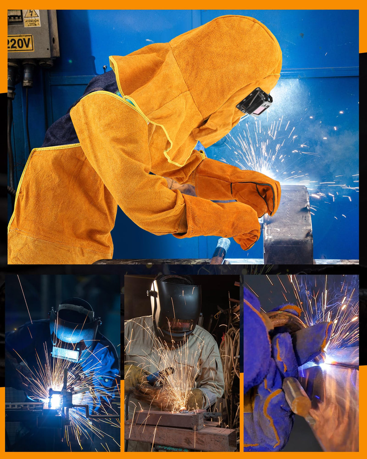 Jecery 5 Pcs Welding Flame Resistant 5 in 1 Set Include Cowhide Leather Welding Apron Welding Gloves Welding Sleeves Welding Spats Boot Covers Welding Hood with Light Lens and Neck Shoulder Protection Jecery