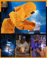 Jecery 5 Pcs Welding Flame Resistant 5 in 1 Set Include Cowhide Leather Welding Apron Welding Gloves Welding Sleeves Welding Spats Boot Covers Welding Hood with Light Lens and Neck Shoulder Protection Jecery