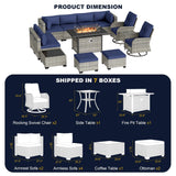 Muphyers 13-Piece Outdoor Patio Furniture Set with Rocking Swivel Chair, Wicker Rattan Sectional Sofa Conversation Set with 55,000 BTU Fire Pit Table with Ottomans, Backyard Furniture, Navy Blue Muphyers