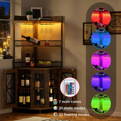 GraveeHome Industrial Corner Bar Cabinet with Power Outlet, 5-Tiers Wine Cabinet with LED Strip and Glass Holder, Multifunctional Liquor Cabinet for Home Bar, Corner Display Storage Cabinet for Home