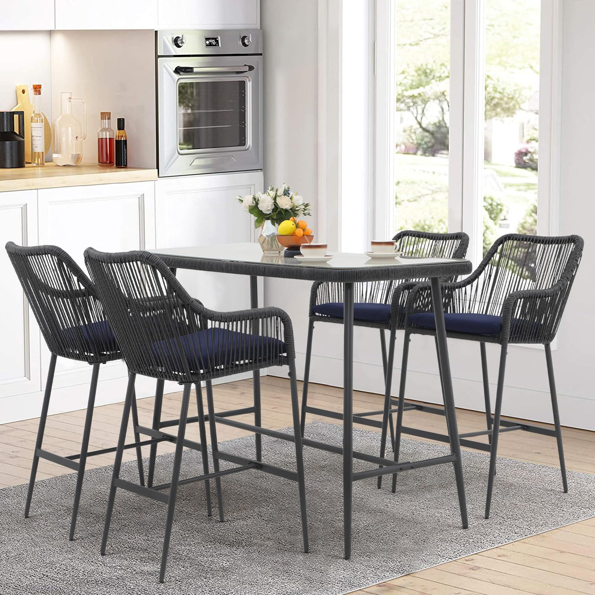 JOIVI 5-Piece Patio Bar Dining Set, Bar Height Outdoor Table and Chairs Set with 4 Bar Stools, Cushions & 41" Table for Patio, Poolside, Backyard, Bar Table Set, Tempered Glass Tabletop, Blue JOIVI