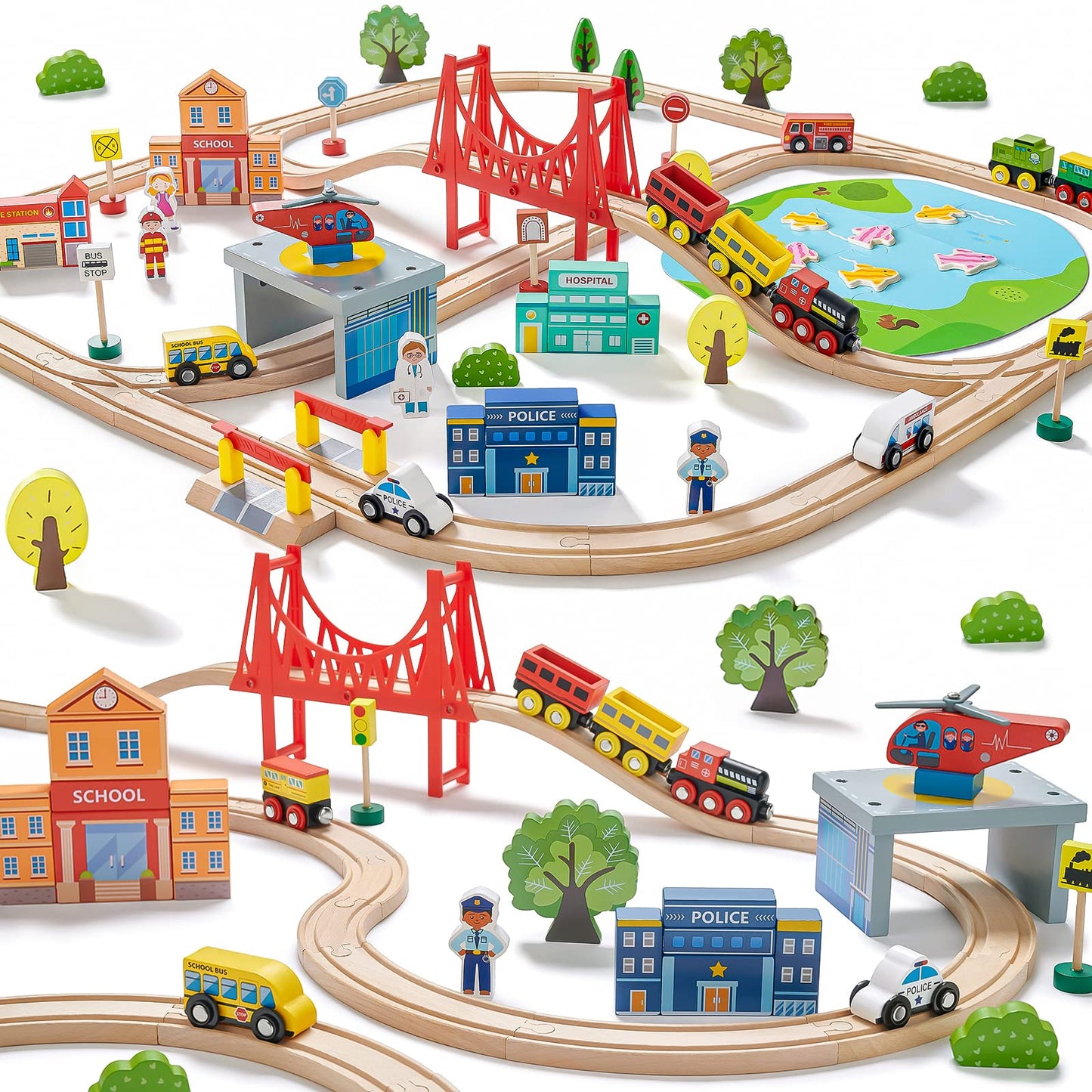 Tiny Land Train Set 110pcs Wooden Train Set, Toy Train for Boys & Girls with Wooden Train Track, Wooden Toys for 3-7 Years Old Toddlers & Kids,