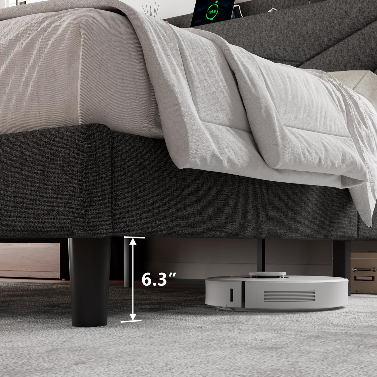 Einhomn Dark Grey Queen Size Upholstered Bed Frame with Built-in Charging Station and Storage Headboard Einhomn