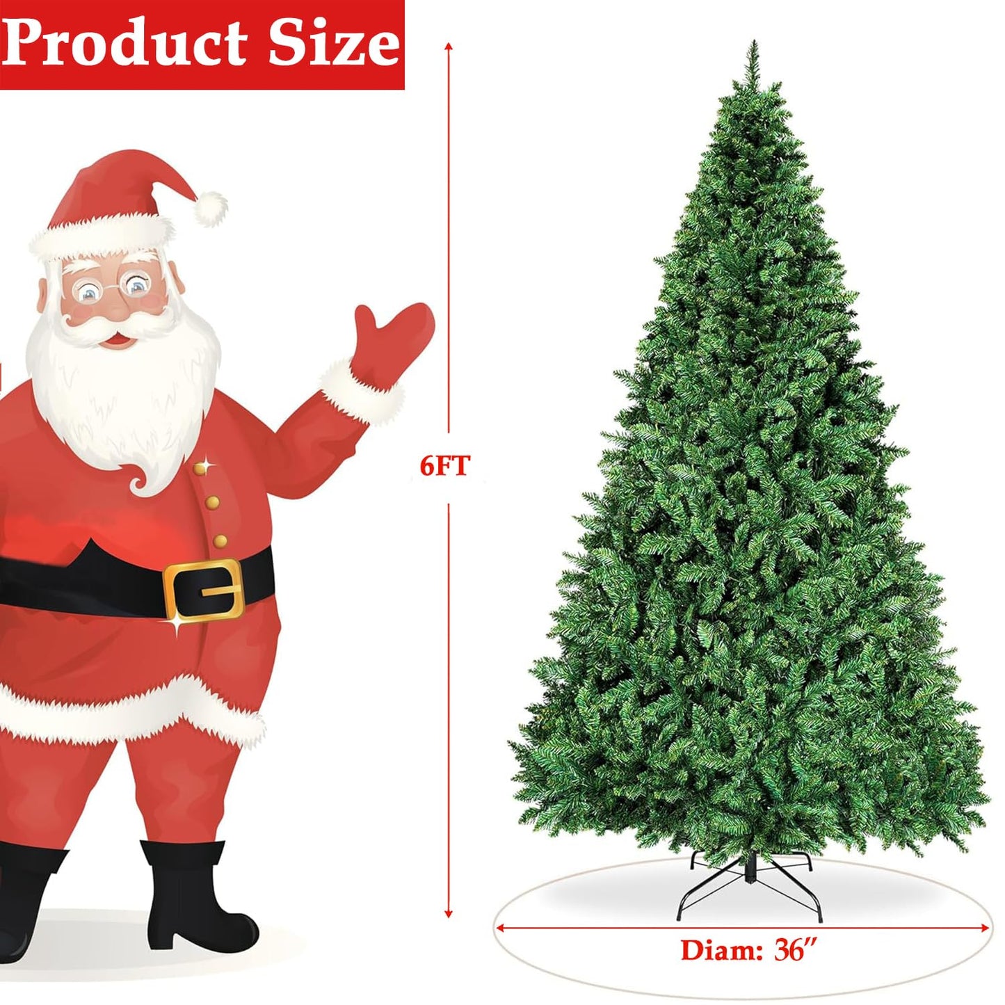 Fenbeli 6ft Christmas Tree with 1000 Branch Tips - Artificial Xmas Tree with Metal Hinges & Foldable Base for Home, Office, Party Decoration (Green, 6FT)