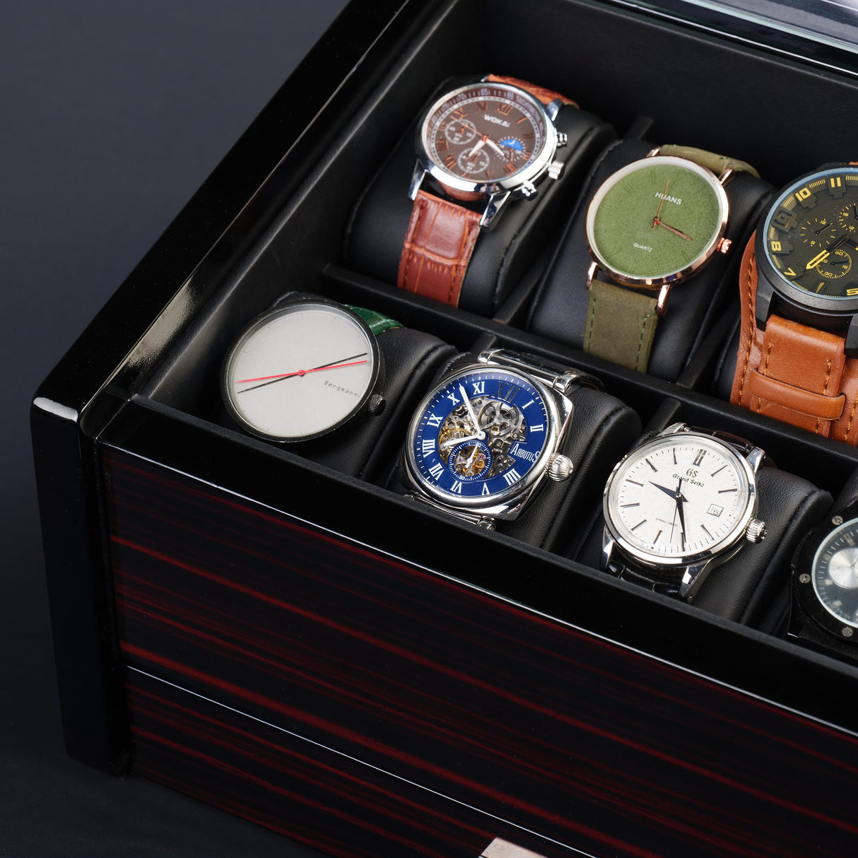 Woodronic Watch Organizer Case, 10 Slots Wood Watch Box Display Holder with Storage Drawer and Pillows, Glossy Finish, Glass Top and 2-Tiered Design, Gift for Men (Flat-top) Woodronic