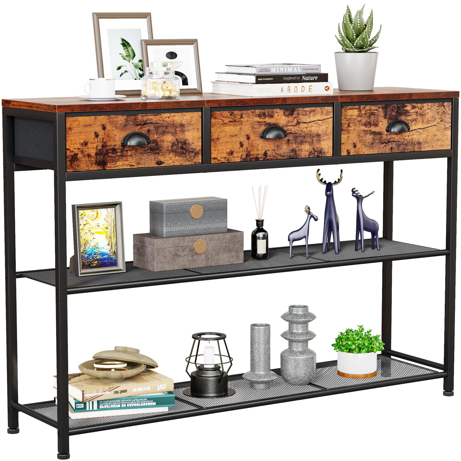 Rustic Brown 38'' Furologee Console Sofa Table with 3 Fabric Drawers and Storage Shelves - WoodArtSupply