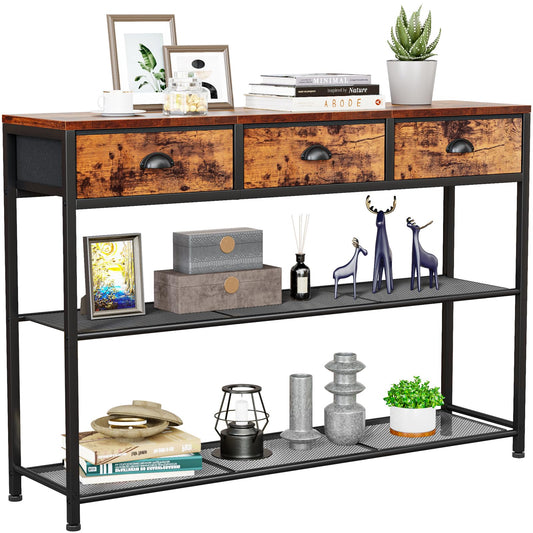 Rustic Brown 38'' Furologee Console Sofa Table with 3 Fabric Drawers and Storage Shelves