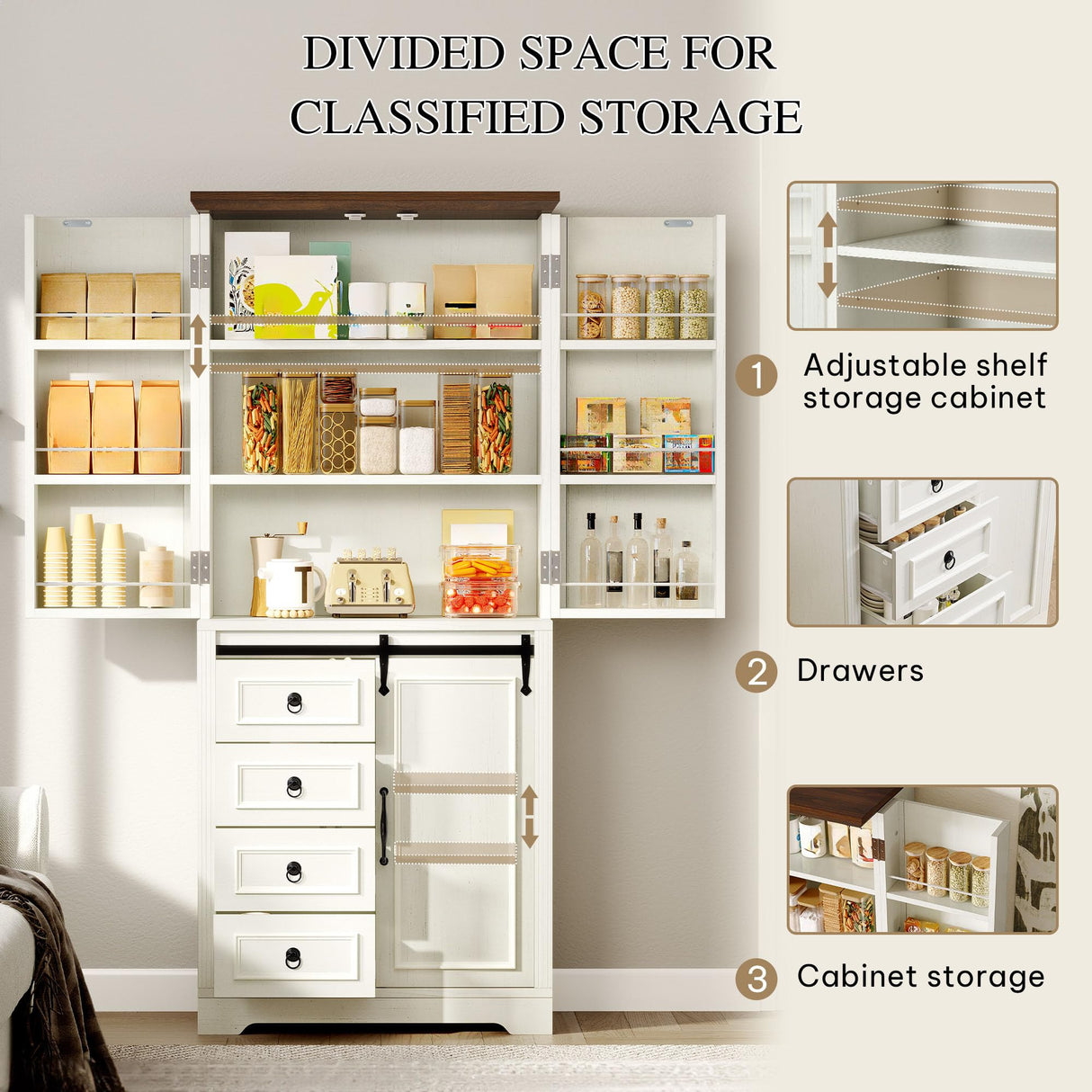 DWVO 71" Kitchen Pantry with Sliding Barn Door & Storage Drawers, Farmhouse Tall Storage Hutch Cabinet with Adjustable Shelves, Versatile Organizers for Living Room, Dining Room, Hallway, Off White DWVO