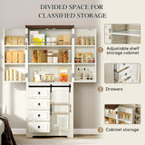 DWVO 71" Kitchen Pantry with Sliding Barn Door & Storage Drawers, Farmhouse Tall Storage Hutch Cabinet with Adjustable Shelves, Versatile Organizers for Living Room, Dining Room, Hallway, Off White DWVO