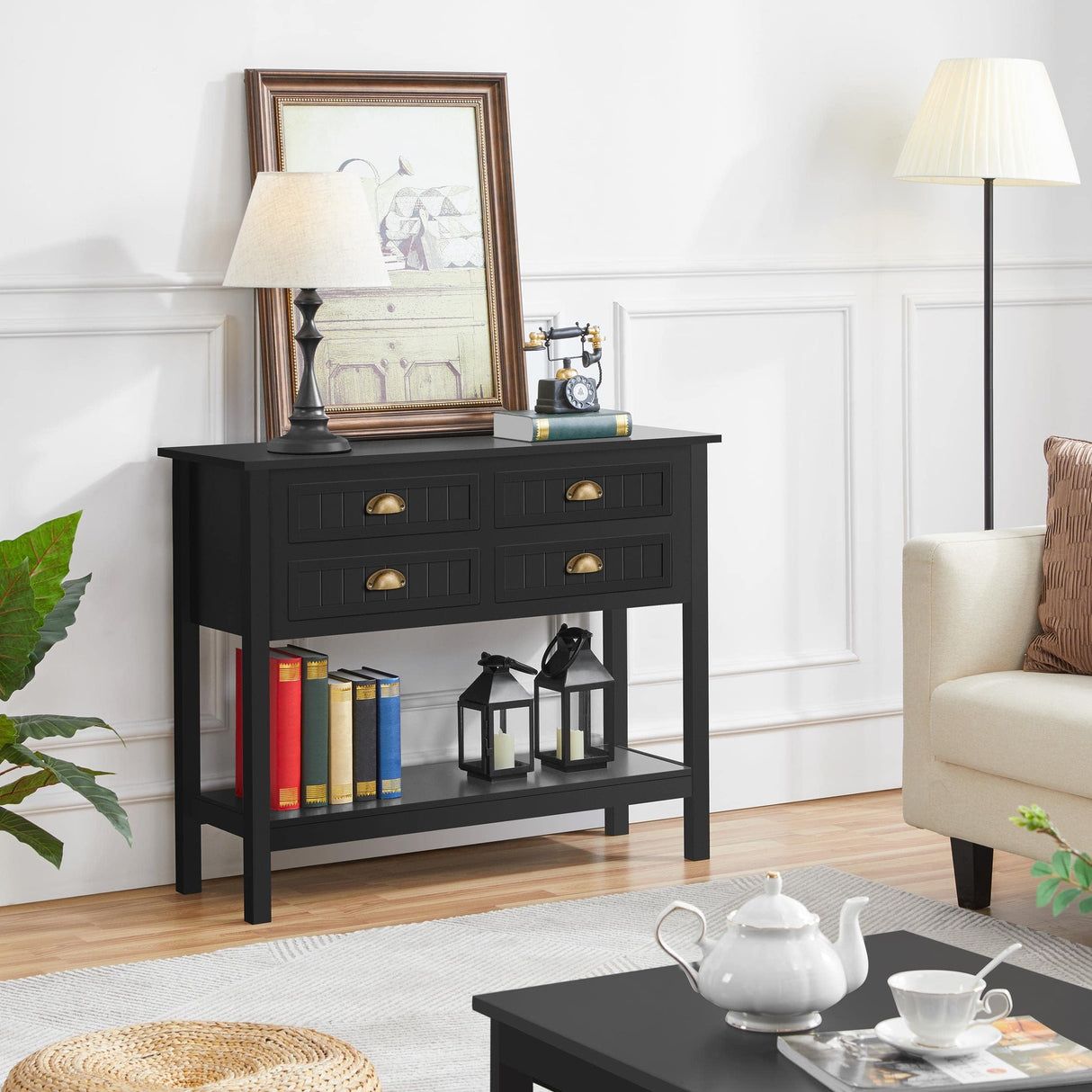 Yaheetech Console Table with 4 Drawers, Sofa Side Table with Bottom Open Storage Shelf, Heavy-Duty Entryway Table for Hallway/Living Room, 39.5x14x32 inch, Black Yaheetech
