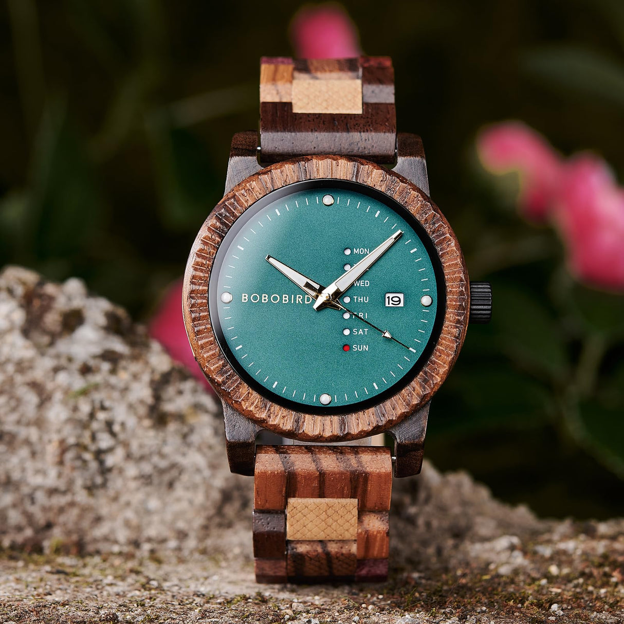 BOBO BIRD Mens Wooden Watch Analog Quartz with Week Display Lightweight Handmade Wood Wrist Watch for Men (Green) BOBO BIRD