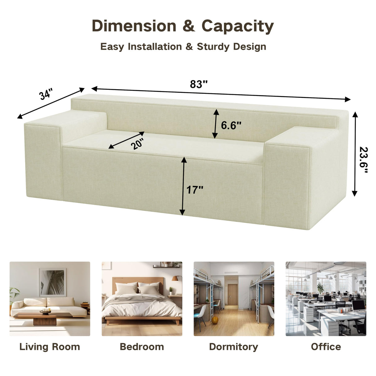 Modern 3-Seater Sofa, Hybrid Sofa in a Box, No Assembly Required, Comfy Sofa Couch with 3 Matching Pillows, Cat-Scratch Resistant Linen, Couch for Living Room or Bedroom, Beige PurrJoys