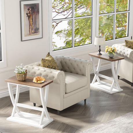 ChooChoo Farmhouse End Tables Living Room Set of 2, Narrow Side Table with Storage Shelf, Modern X-Design Slim End Table for Living Room, 11.8" D*23.6" W*23.4" D ChooChoo