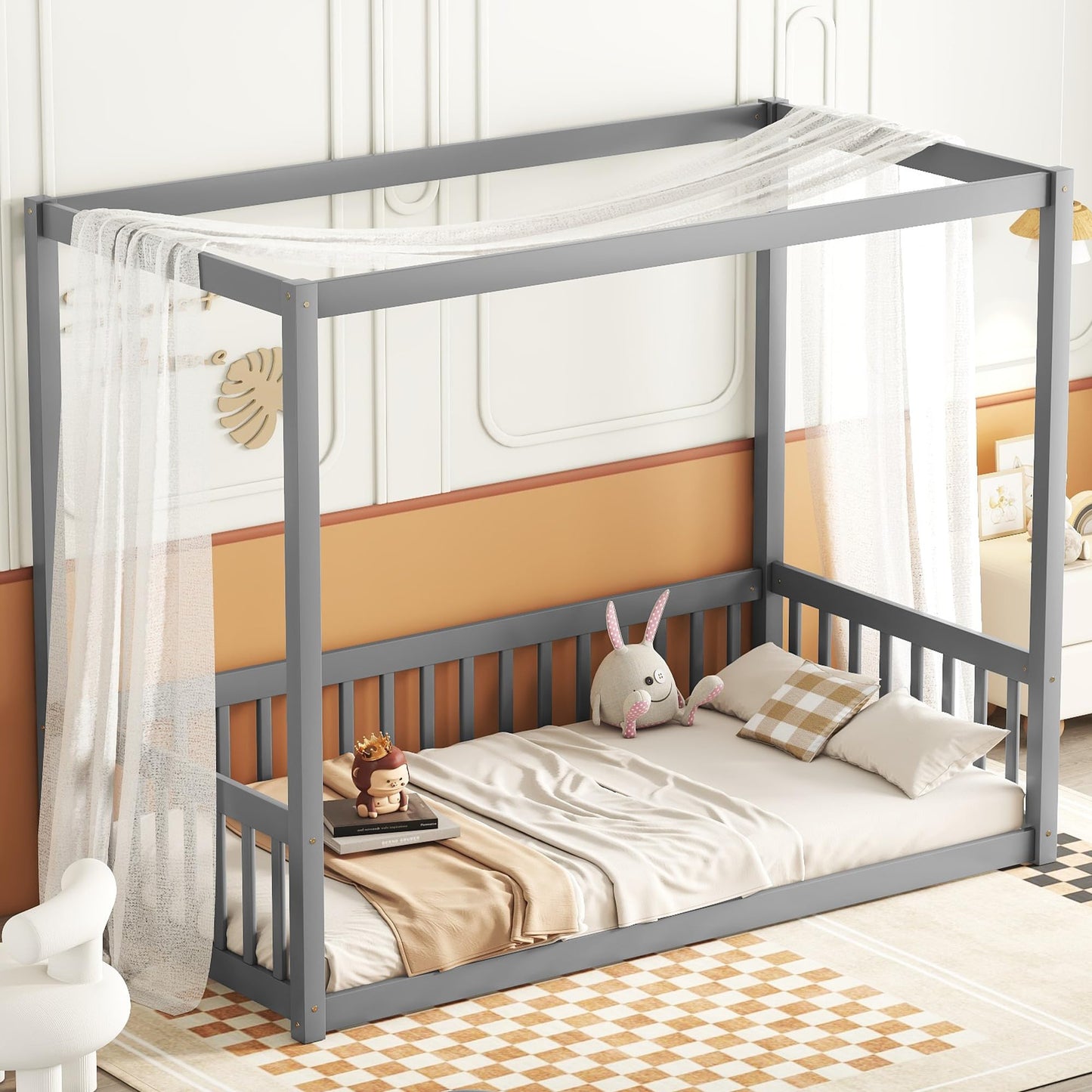 Luxo Abode Twin Size Montessori Canopy Bed Frame with Guardrails in Grey - WoodArtSupply