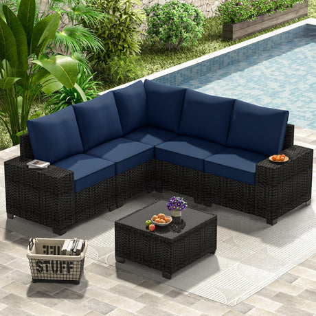 opemtdo Outdoor Patio Furniture Set 6 Pieces Patio Sectional Furniture Conversation Set Wicker Porch Couch Sofa Seat for Backyard Garden Poolside(Brown/Navy Blue) opemtdo