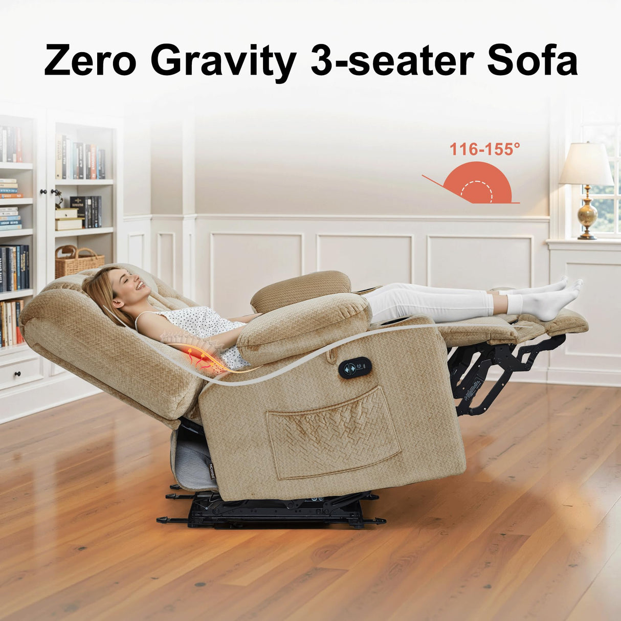 MCombo Zero Gravity Power Reclining Sofa with Heat and Vibration Massage, 3 Seater Reclining Couch with USB Ports, Cup Holders for Living Room, Fabric PR648SET (Beige) MCombo