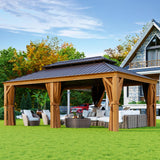 Aoxun 12' x 20' Hardtop Gazebo, Wooden Finish Coated Aluminum Frame Canopy, Galvanized Steel Double Top, Outdoor Permanent Metal Pavilion with Aoxun