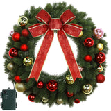 Juegoal 21 Inch Pre-Lit Christmas Wreath with Metal Hanger, Lighted Xmas Folded Wreath with 60 LED Lights, Red Bow and Colorful Balls, Battery Operated & Timer for Outdoor Home Window Wall Front Door Juegoal