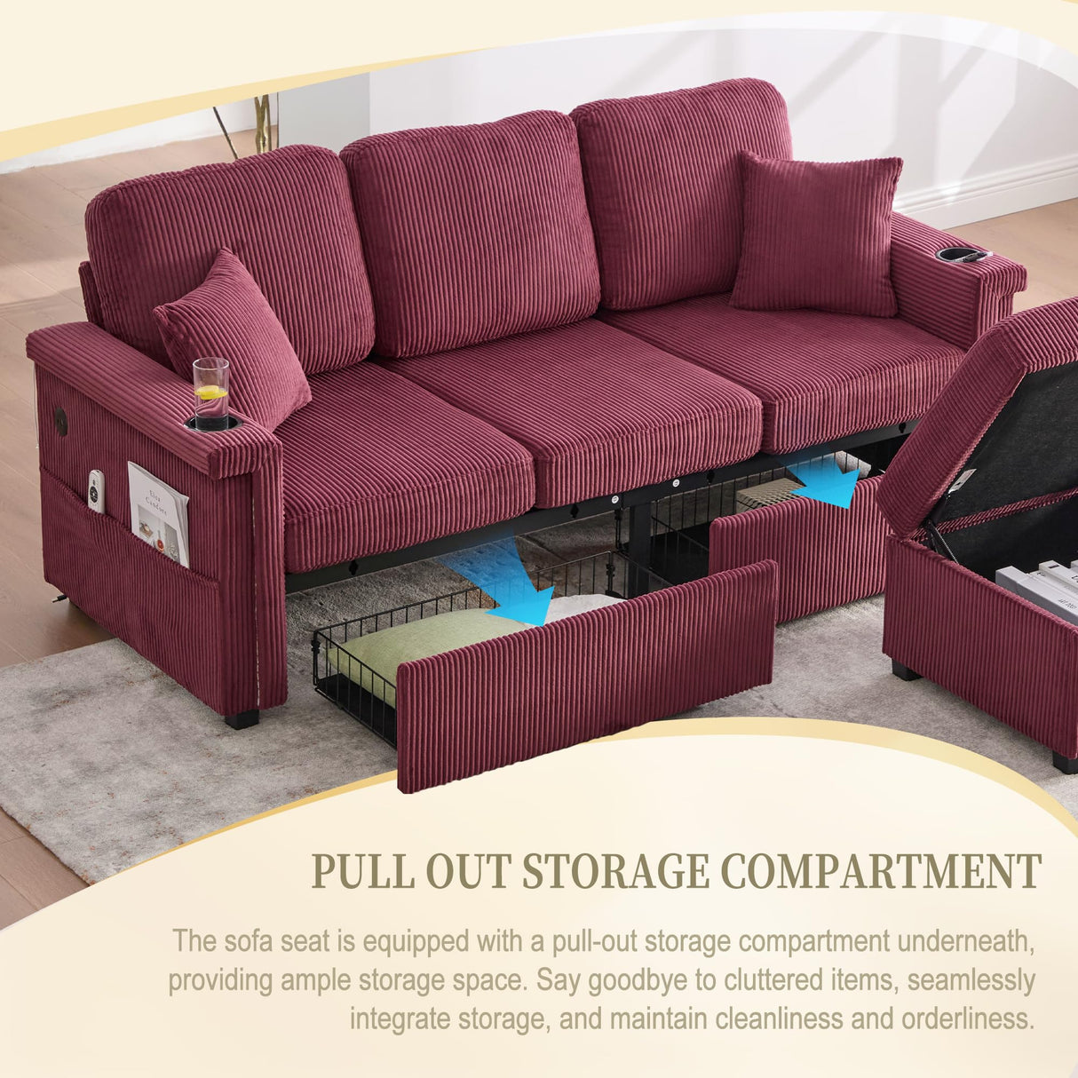 L-Shaped Sectional Sofa with Storage & Movable Ottoman, Corduroy 3 Seater Sectional Couch with USB Charging, Cup Holder & LED Light, Convertible Couches for Living Room (Wine Red, 76.38) Firscook